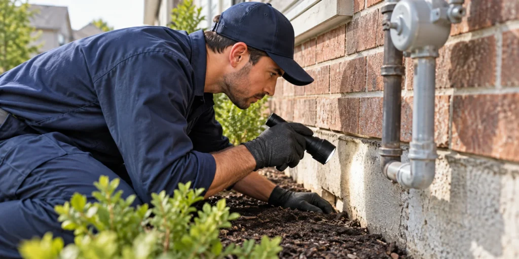 Pest control technician checking entry points around a home foundation