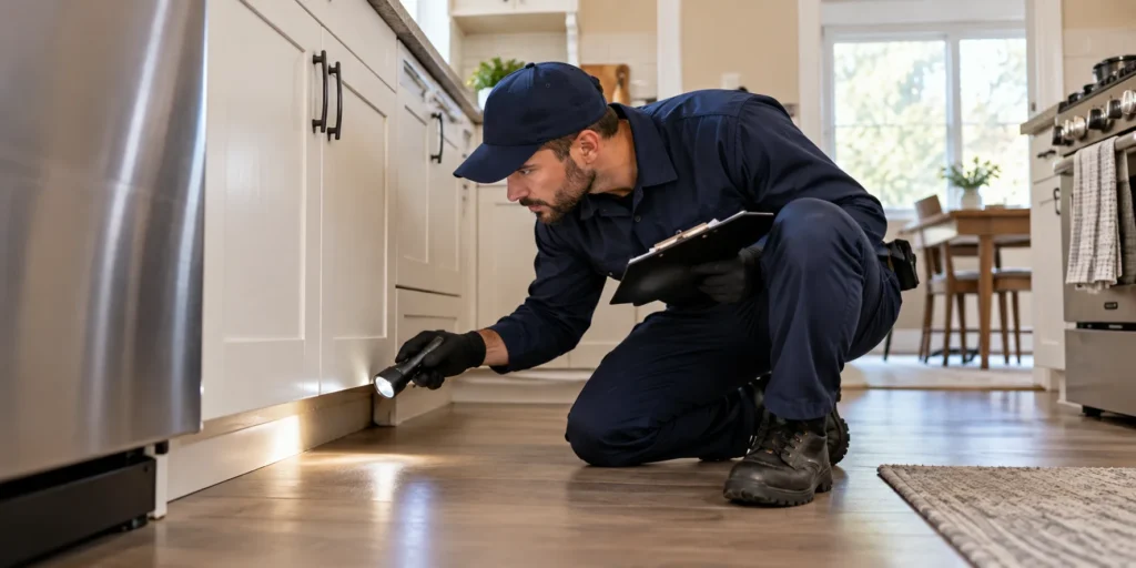 Pest control technician inspecting a home for signs of infestation