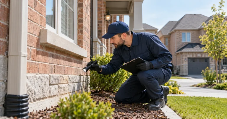 Professional pest control technician inspecting a home in Brampton Ontario